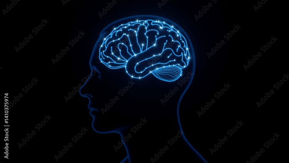 Obraz premium Silhouette Profile with Glowing Neural Network Overlay Visualizing Brain-Computer Interface