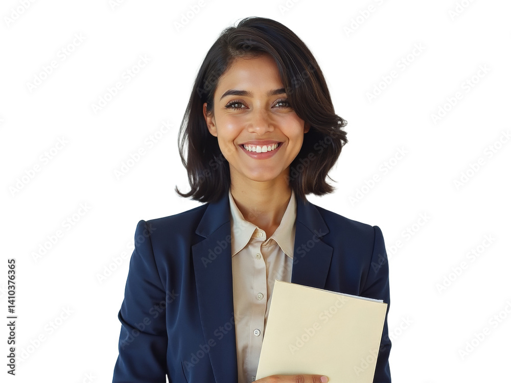 Business portrait isolated on white transparent background: A smiling young woman with dark hair, wearing a navy blazer and light-colored shirt, confidently holds a document against a plain white ba Business portrait isolated on white transparent background: A smiling young woman with dark hair, wearing a navy blazer and light-colored shirt, confidently holds a document against a plain white ba