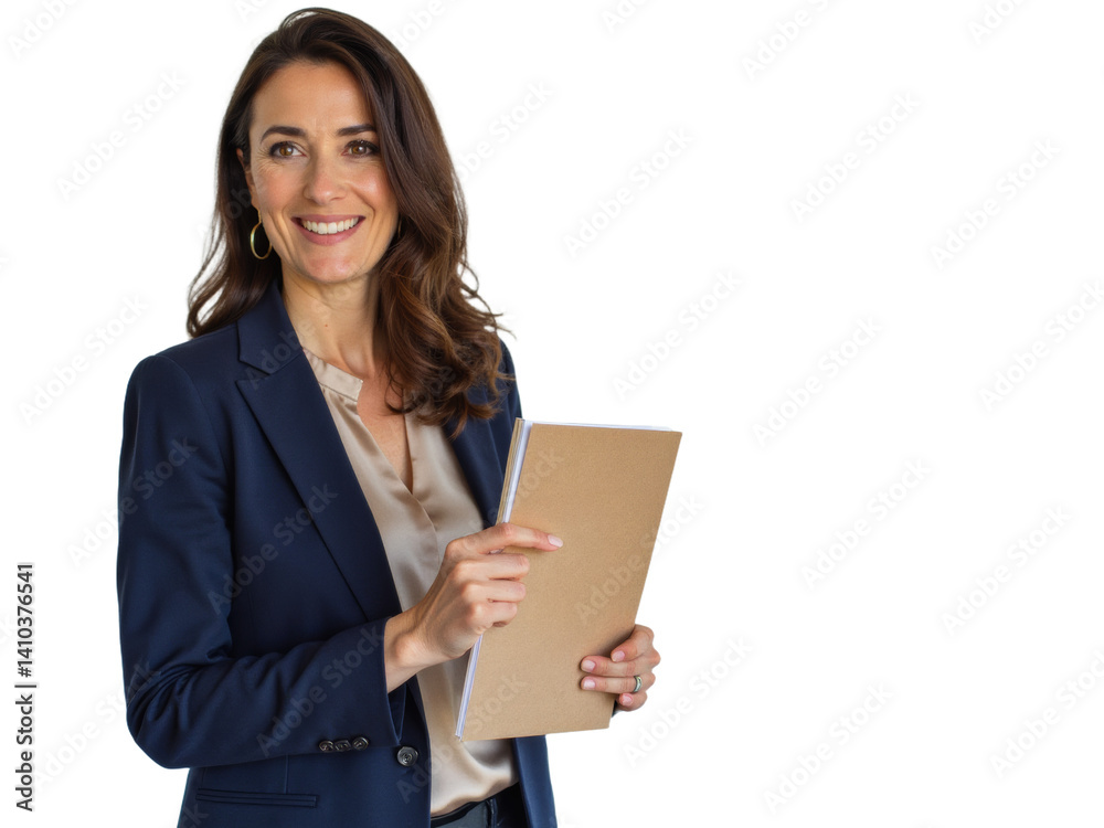 Business portrait isolated on white transparent background: A confident woman in a navy blazer and silk blouse smiles warmly while holding a notebook against a plain white background. Business portrait isolated on white transparent background: A confident woman in a navy blazer and silk blouse smiles warmly while holding a notebook against a plain white background.
