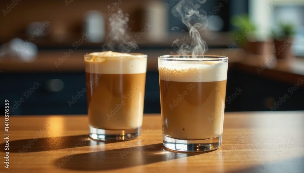 Two glasses of steaming latte on a wooden table, warm, beverage, latte Two glasses of steaming latte on a wooden table, warm, beverage, latte
