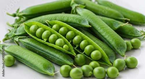 Green peas in pods and loose on a white surface close up.