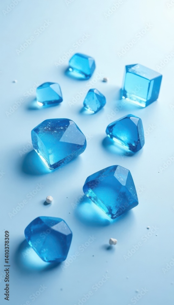 Fototapeta premium Geometric blue ice fragments on a white surface , clean, surface