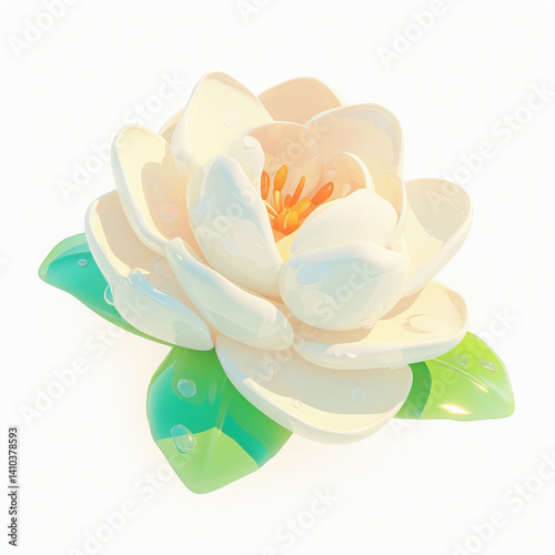 Beautiful white lotus flower with green leaves, digitally rendered, on white background.
