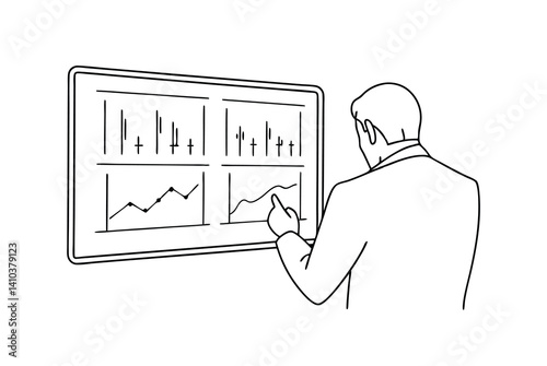 Businessman Analyzing Financial Charts And Data On Digital Screen Outline Vector