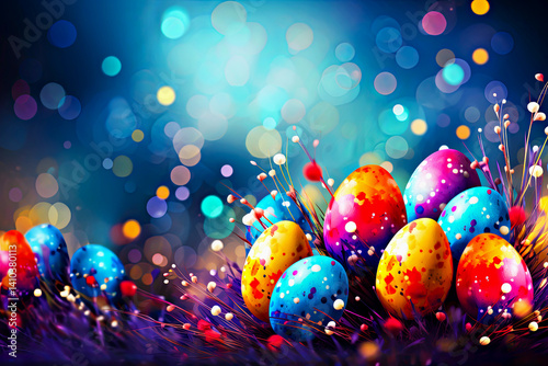 Brightly colored Easter eggs with abstract splashes of red, yellow, blue and purple rest among glowing decorative twigs. Blurred bokeh lights in background create magical and festive atmosphere