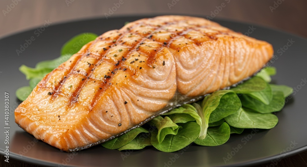 Grilled salmon fillet on green salad leaves served on a dark plate. Grilled salmon fillet on green salad leaves served on a dark plate.