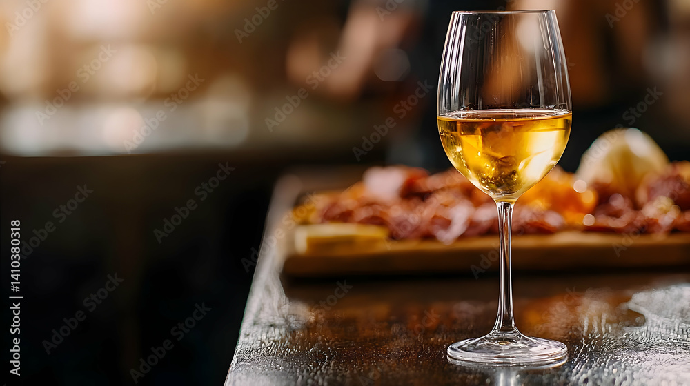 Naklejka premium Elegant Wine Glass with Amber Liquid Against Charcuterie Board