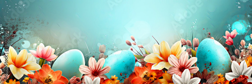Easter eggs in soft blue tones blend with vibrant spring flowers, creating fresh and elegant festive composition. Artistic floral arrangement and pastel colors evoke sense of renewal and celebration