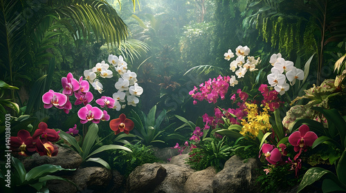 Lush tropical orchid garden scene in a vibrant jungle.