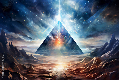 Surreal landscape with cosmic glowing pyramid at center, mystical celestial skies and dramatic mountains. Ideal for fantasy or science-fiction backgrounds. Surreal cosmic pyramid landscape