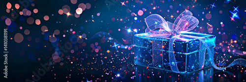 Shimmering blue gift box wrapped in glowing ribbon, surrounded by sparkling bokeh lights. Magical, festive atmosphere enhances feeling of celebration, making it ideal for holiday and luxury themes