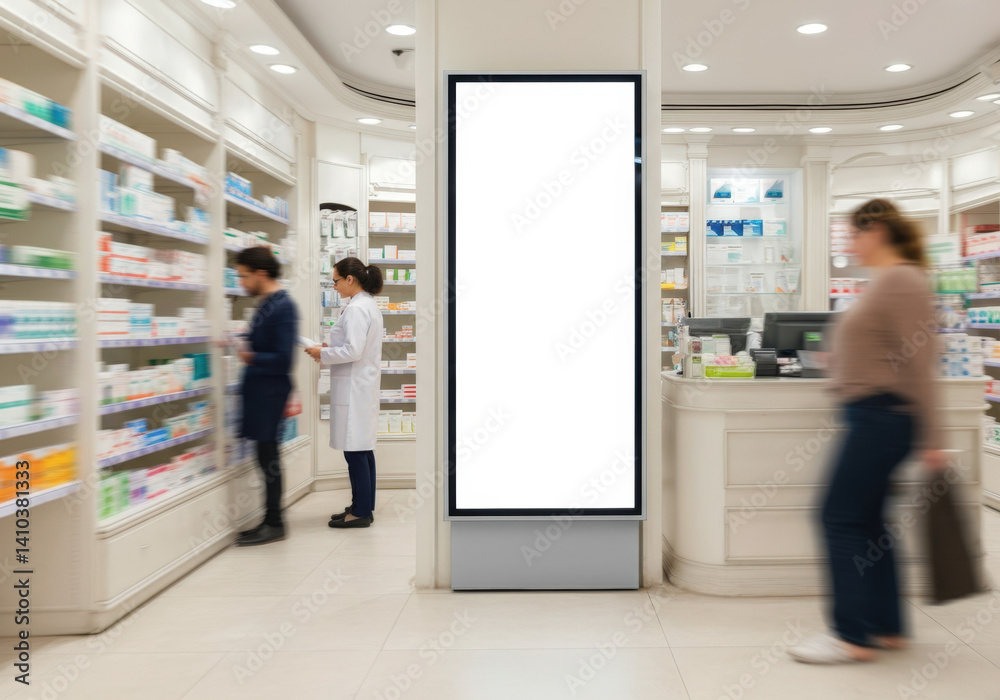 Empty Digital Billboard in a Modern Pharmacy with Customers and Over-the-Counter Medications Empty Digital Billboard in a Modern Pharmacy with Customers and Over-the-Counter Medications