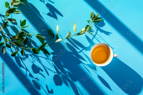 White cup with golden tea and natural green leafy branches casting shadows on vivid blue background. Concept of wellness, tea advertising or lifestyle. Tea cup with leafy branch shadows