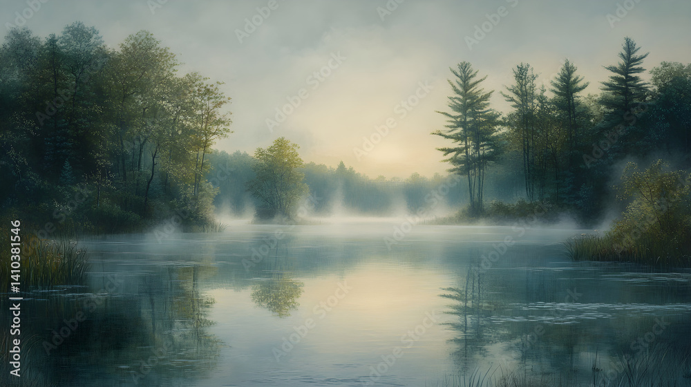 Fototapeta premium Ethereal Morning: Mist-Enveloped Lake Offering a Serenity Beyond Worlds