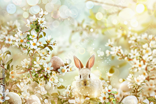 Easter. Easter bunny sitting among blooming spring flowers with decorative eggs in soft golden light. Concept of renewal and joy. White Easter bunny among spring flowers with decorative eggs