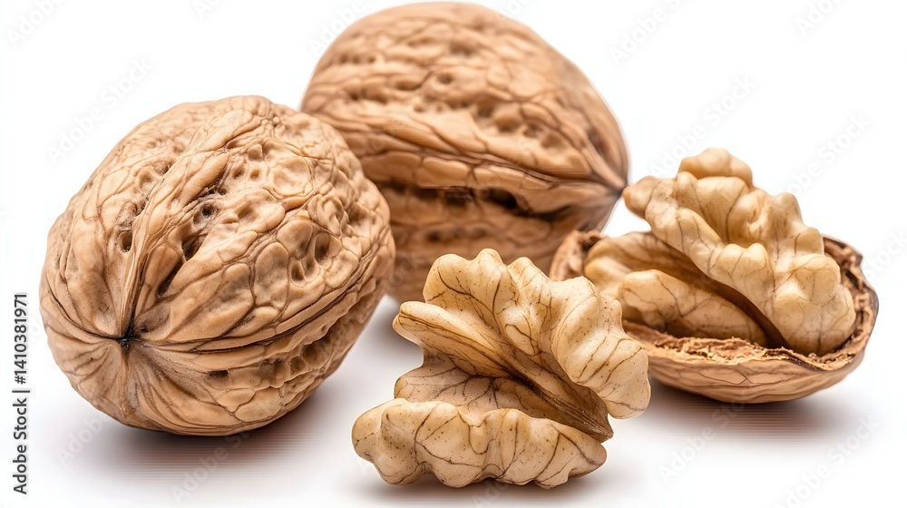 Closeup of Raw Walnuts on White Background Highlighting Natural Texture and Nutritional Benefits Closeup of Raw Walnuts on White Background Highlighting Natural Texture and Nutritional Benefits