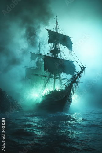 Ship sailing through ocean fog, mysterious and serene.