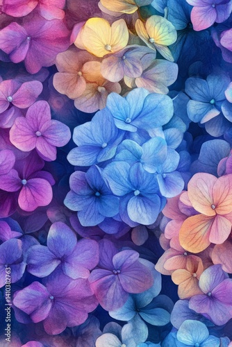 Watercolor painting showcasing vibrant hydrangeas in full bloom, creating a captivating floral background