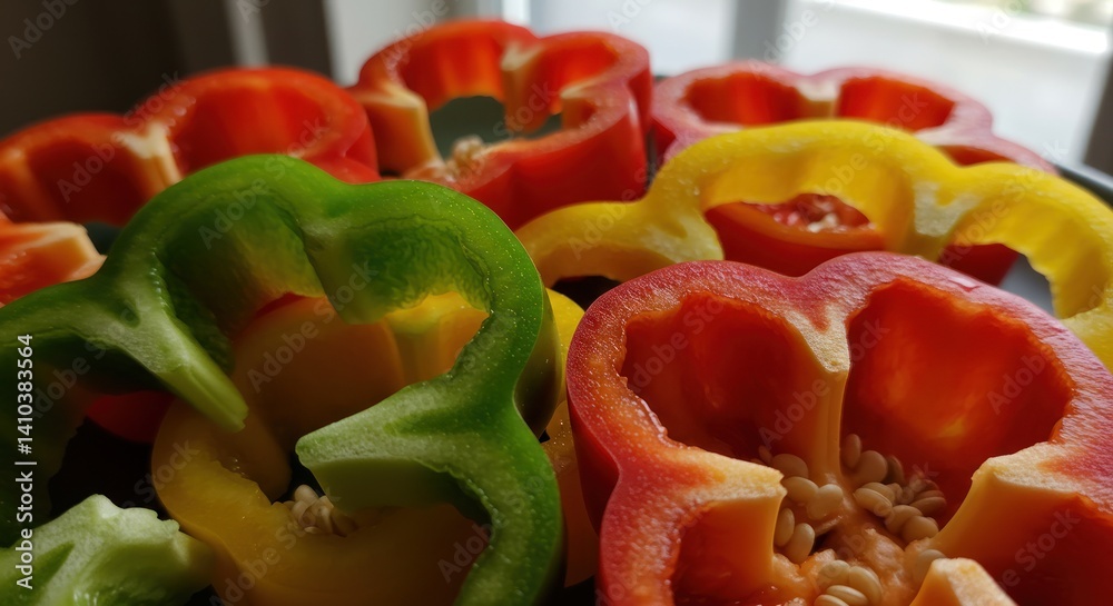 Close-up of colorful bell peppers cut in half showing seeds and inner walls. Close-up of colorful bell peppers cut in half showing seeds and inner walls.