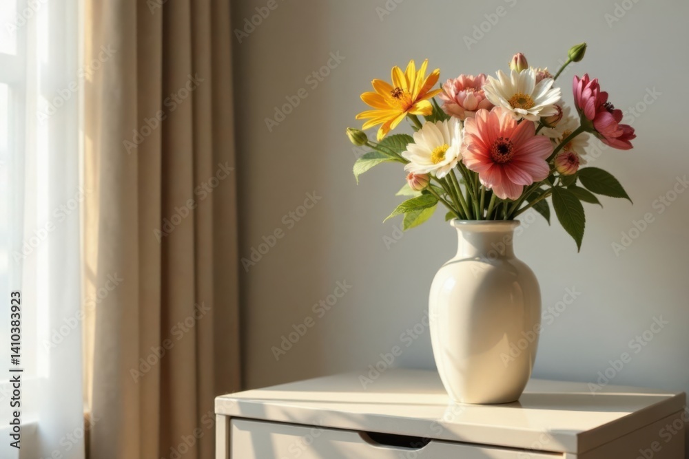 Stylish bottle vase on beige nightstand with fresh flowers, decor, bedroom Stylish bottle vase on beige nightstand with fresh flowers, decor, bedroom
