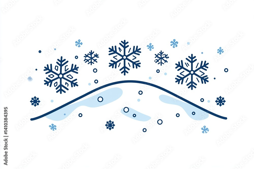 Illustration of falling snowflakes above a snowy, simple mountain range on a white background Illustration of falling snowflakes above a snowy, simple mountain range on a white background