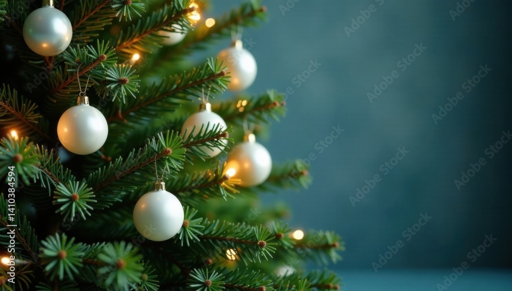 Evergreen fir tree with white ornaments and lights , festive, frosty, sparkling Evergreen fir tree with white ornaments and lights , festive, frosty, sparkling
