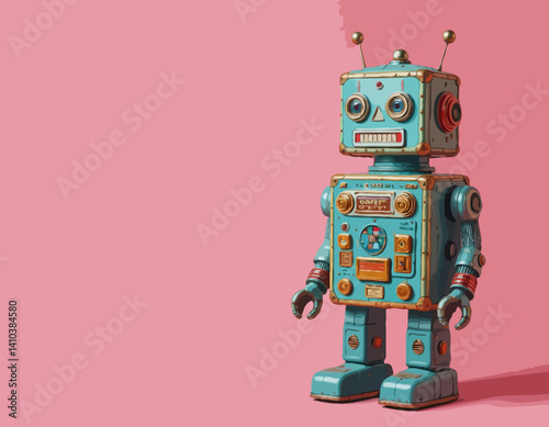 Retro robot vintage toy. Robot vector illustration in flat style design. Vintage tin robot toy on a pink background