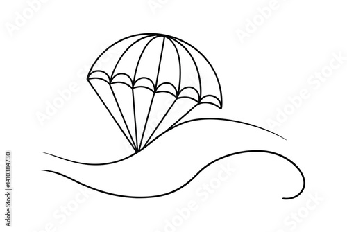 Line Art Drawing Of A Parachute Over Abstract Waves On White Background
