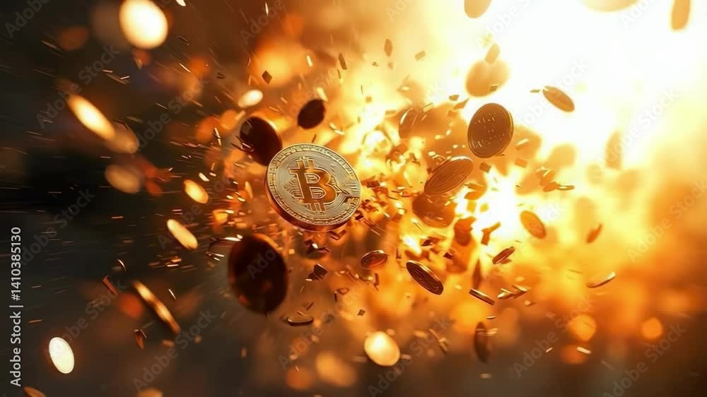 falling bitcoin coins. Selective focus