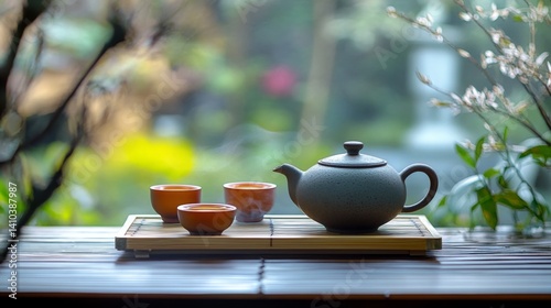 A peaceful tea ceremony setup in a serene garden. The teapot and cups invite relaxation and mindfulness. Enjoy the harmony of nature. Generative AI