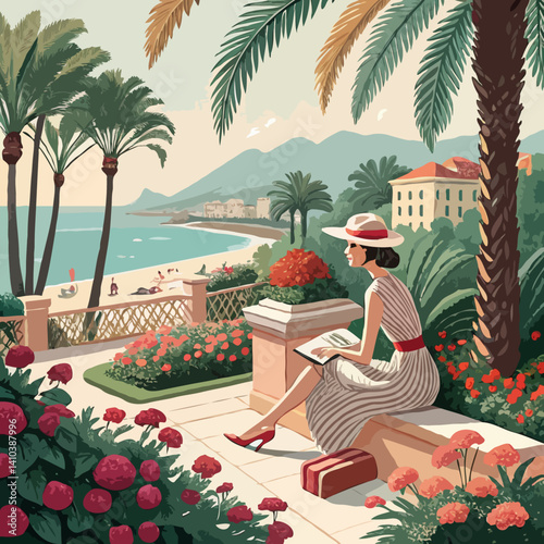 Beautiful girl on a terrace surrounded by palm trees and flower beds at a resort in the French Riviera. Handmade drawing vector illustration