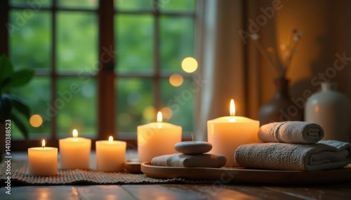 Relaxing ambiance with candles and essential oils in a serene environment, calm, candles, ambiance