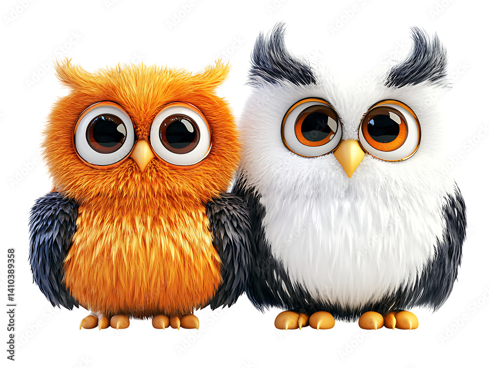 Fototapeta premium Charming owl duo in front row whimsical setting digital art playful perspective nature theme