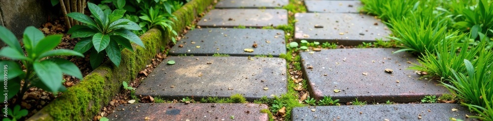 Weathered concrete sidewalk with moss and lichen growth, worn , moss, weathered Weathered concrete sidewalk with moss and lichen growth, worn , moss, weathered