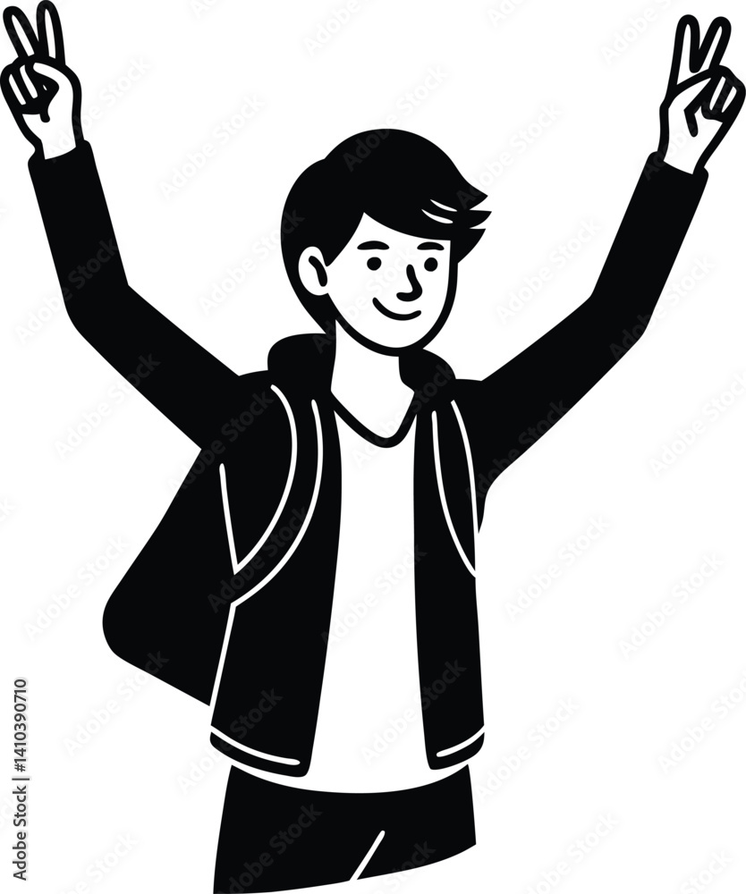 Outlined Student With Backpack Showing Peace Sign on Transparent Background Outlined Student With Backpack Showing Peace Sign on Transparent Background