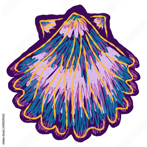 Shell in stylized technique. Marine world, shell texture, pencil marker strokes. Vector element