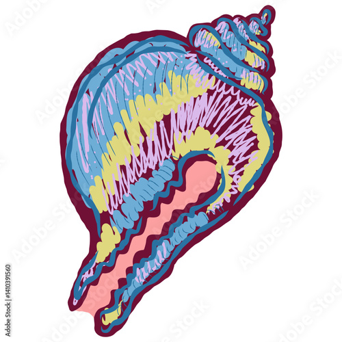Shell in stylized technique. Marine world, shell texture, pencil marker strokes. Vector element