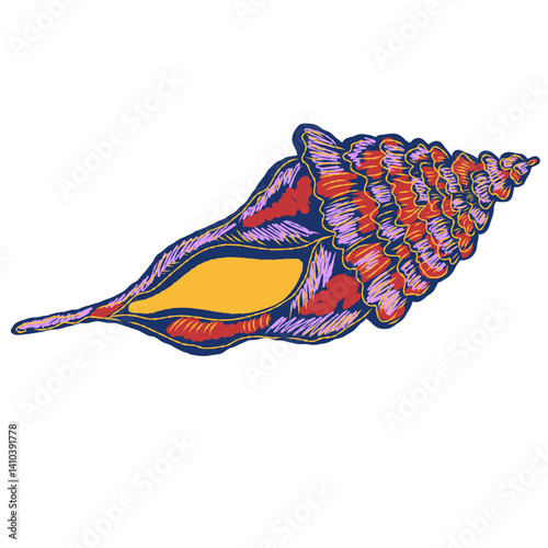 Shell in stylized technique. Marine world, shell texture, pencil marker strokes. Vector element