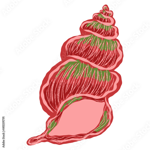Shell in stylized technique. Marine world, shell texture, pencil marker strokes. Vector element