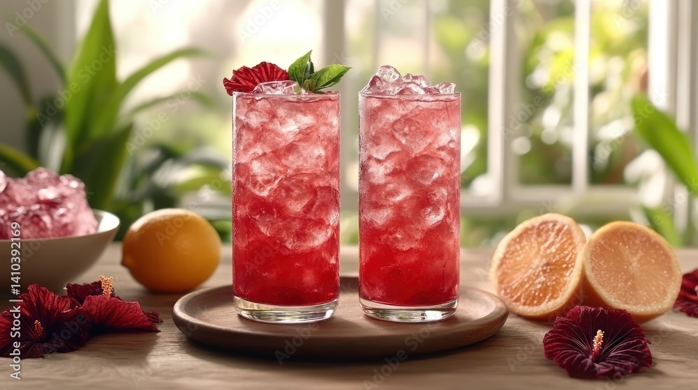 Refreshing summer cocktails with ice and fruits in a bright, sunny kitchen