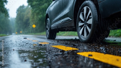 Wallpaper Mural Rainy Day Drive on Wet Road with Car Tire Close-Up, Verdant Forest Background, Puddles and Raindrops Torontodigital.ca