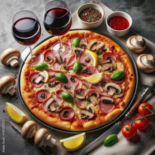 An inviting pizza topped with ham, mushrooms, and fresh basil is served with red wine and lemon slices. It embodies a perfect blend of flavors for a delightful meal.