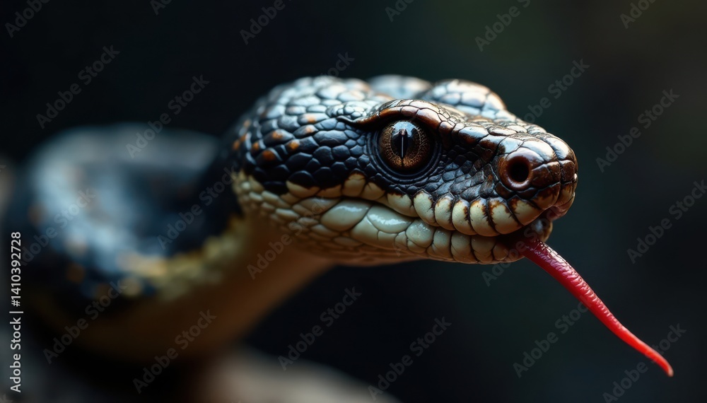 Obraz premium Snake's head with sharp eyes and forked tongue sticking out of its mouth , tongue, reptile