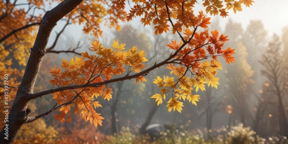 Seasonal transition from summer to autumn on a branch, seasons, nature Seasonal transition from summer to autumn on a branch, seasons, nature