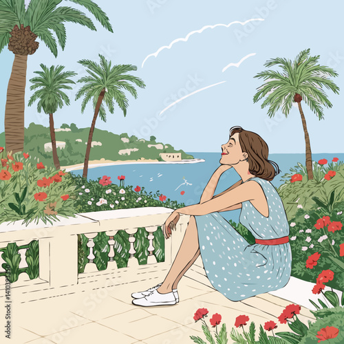 Beautiful girl on a terrace surrounded by palm trees and flower beds at a resort in the French Riviera. Handmade drawing vector illustration