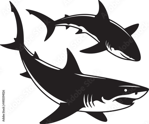 Set of shark and fin vector illustration isolated icons. Shark silhouette set vector design big pack of sea illustration and icon shark silhouette vector Bundle illustration Different kind of sharks