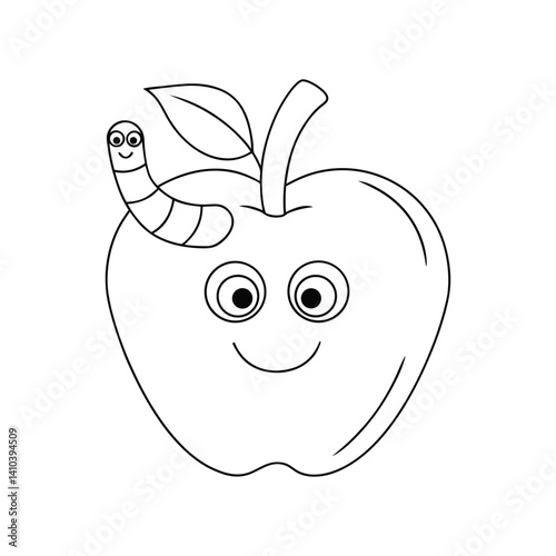  A cute apple with a worm peeking out and both are smiling for coloring book.