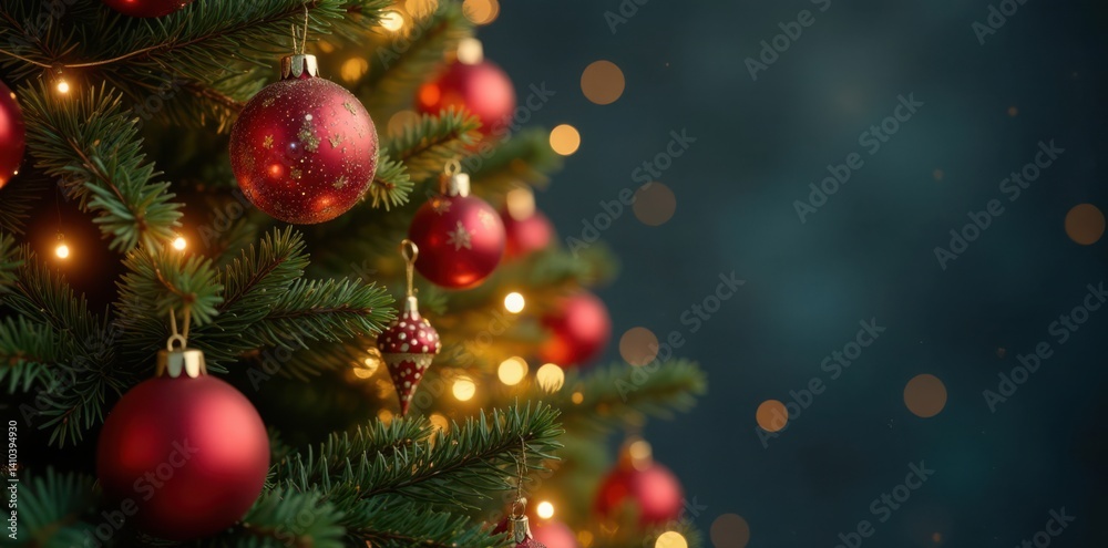 Fototapeta premium Sparkling Christmas tree with glittering ornaments and soft twinkling lights, ornamented, twinkling