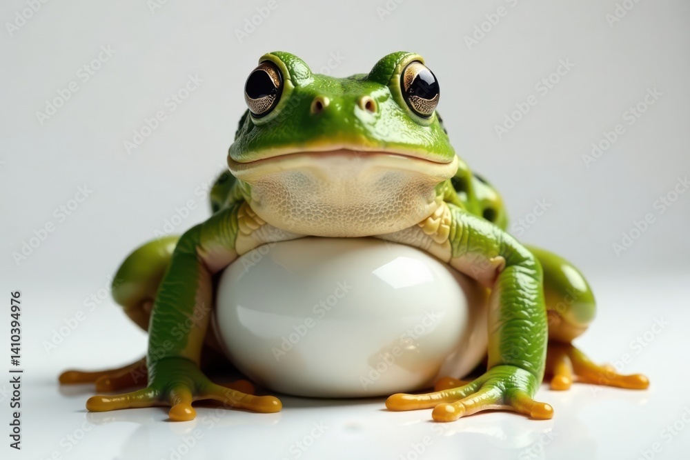 Obraz premium A large frog with a white plastic plate on its belly, white plate, nature
