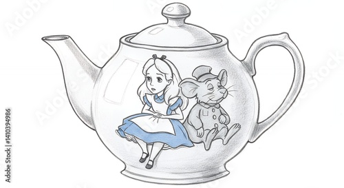 Alice in wonderland themed teapot illustration design